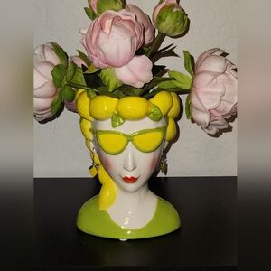 Lemon-Themed Ceramic Lady Head Vase Decor